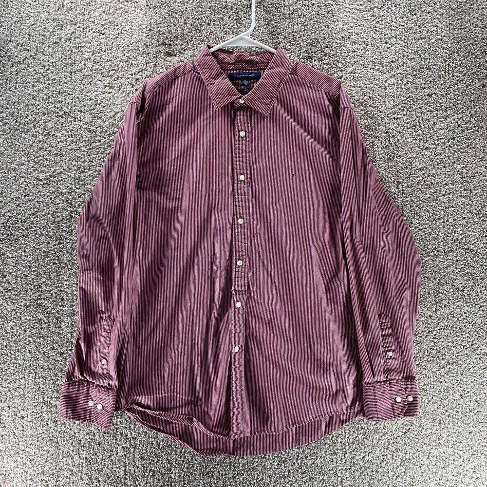 Tommy Hilfiger Shirt‎ Mens Extra Large Red White Stripes Cotton Custom Fit Logo